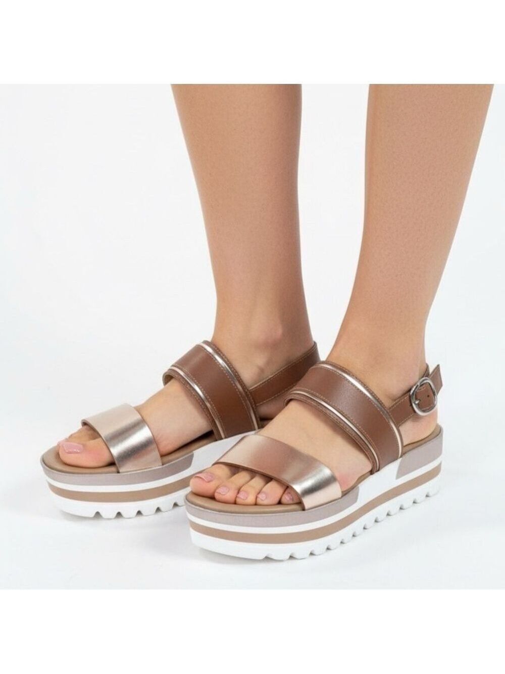 NERO GIARDINI MADE IN ITALY Genuine Leather Platform Sandals Rose Gold Strap 9